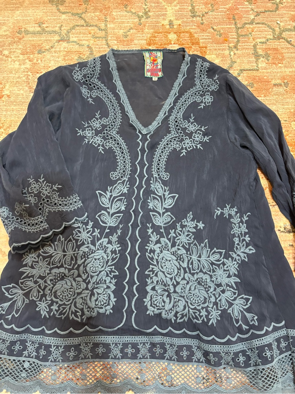Johnny Was Navy Embroidered Top